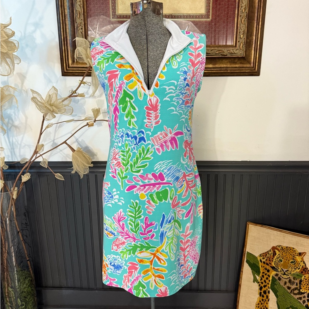 IBKUL Tropical Floral Golf/Tennis/Pickleball UPF 50 1/4 Zip Dress Sz XS 💚🍄